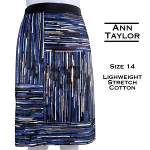 Ann Taylor Straight Pencil Skirt 14 Blue Black Geometric Stripe Print Career